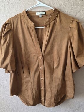 Bagatelle Faux Suede Blouse Womens Large Brown Puff Sleeve Button V Neck Top